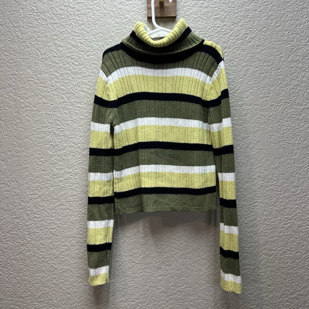 Cupcakes And Cashmere Green Striped Turtle Neck Cropped Long Sleeve Top Kids L
